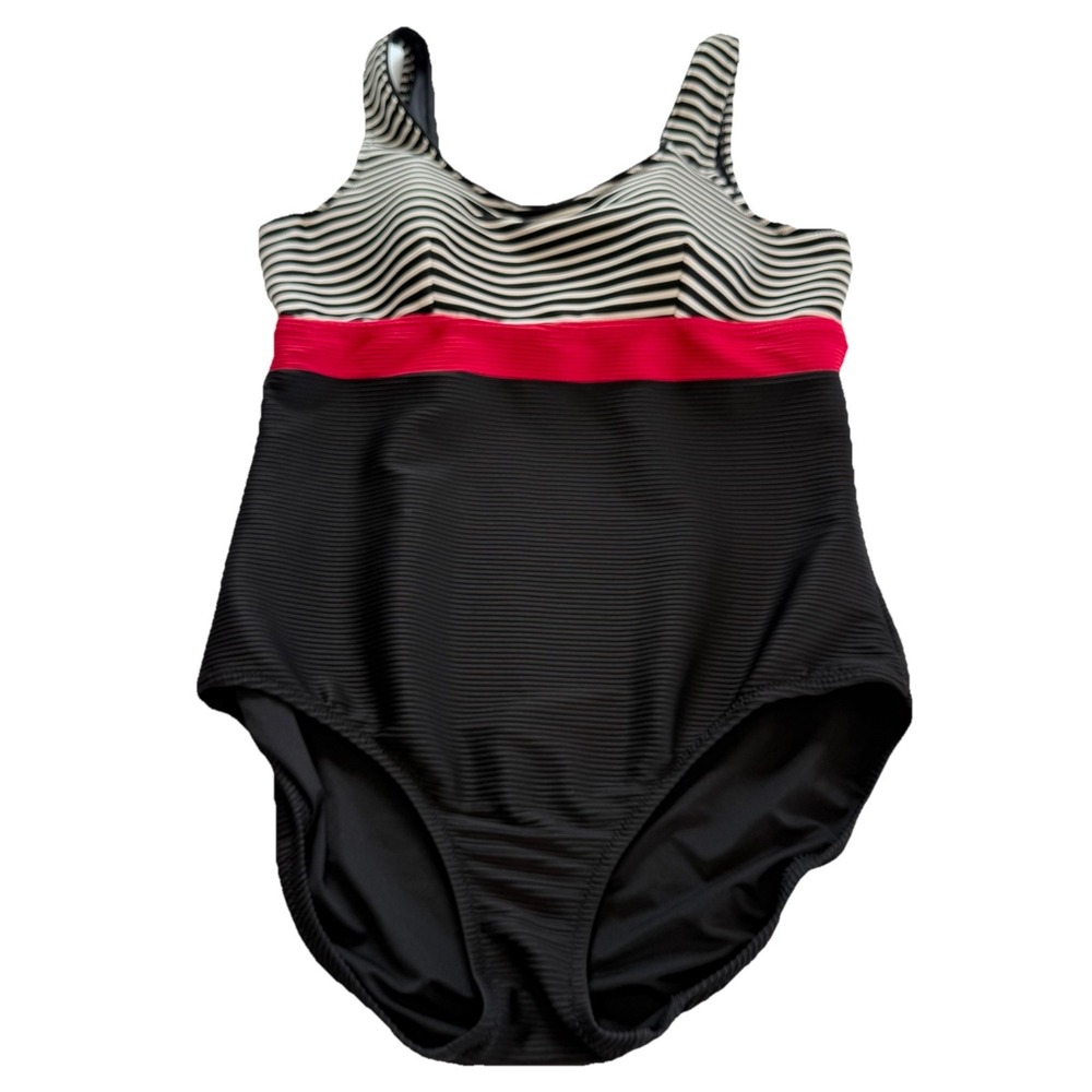Lands End Black White Red Stripes Ribbed Underwire One‎ Piece Swimsuit Size 12